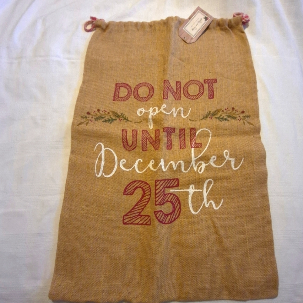 Holiday burlap gift bag printed on both sides, New not used